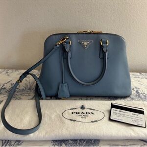 Prada Light Blue Saffiano Leather Satchel with Gold Details